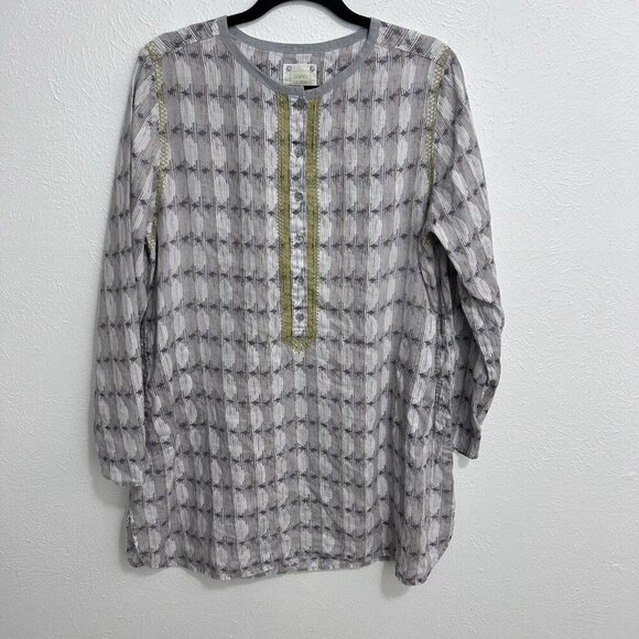 Sigrid Olsen Embroidered Linen Tunic Top Gray Lagenlook Coastal 1/2 Button Up L - Picture 1 of 11